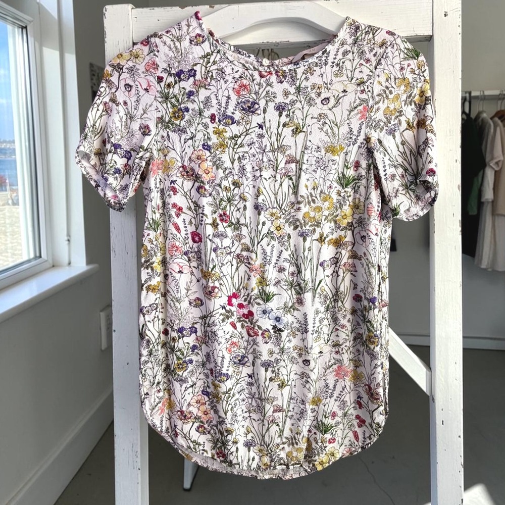Cottagecore Botanical Wildflower Print Blouse H&M Size 2 White‎ Floral Crepe